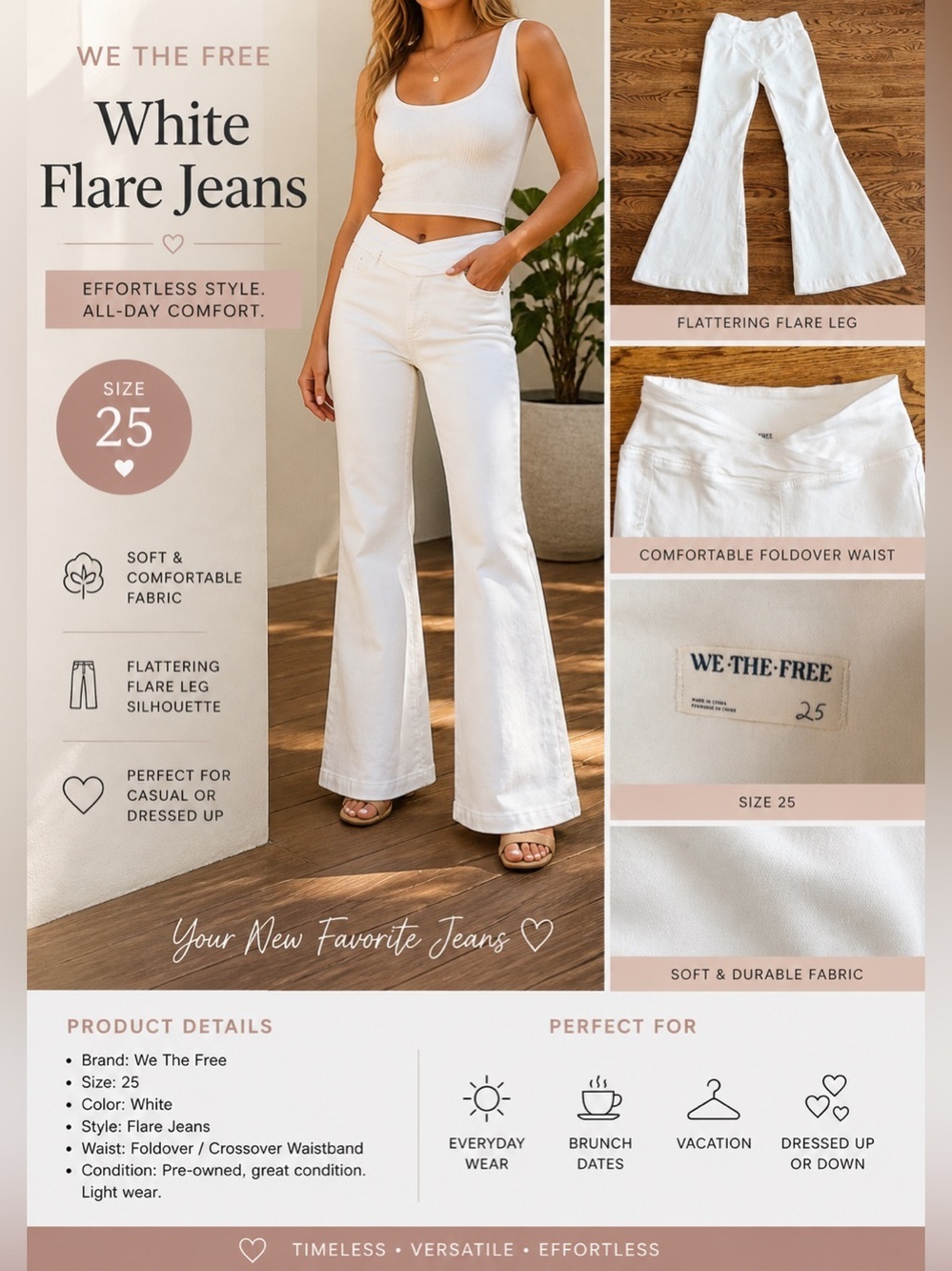 We The Free Off White Flare Jeans Size 25 High Rise Boho  Pants Coastal Cowgirl
